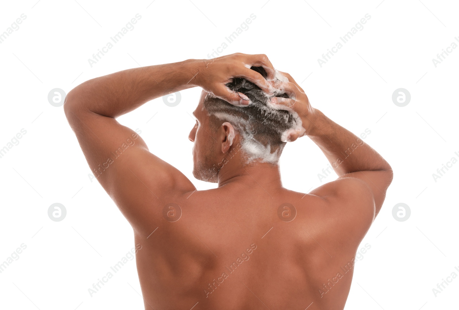 Photo of Man washing hair on white background, back view