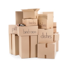 Photo of Moving boxes and adhesive tape dispenser on white background