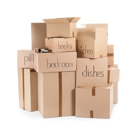 Moving boxes and adhesive tape dispenser on white background