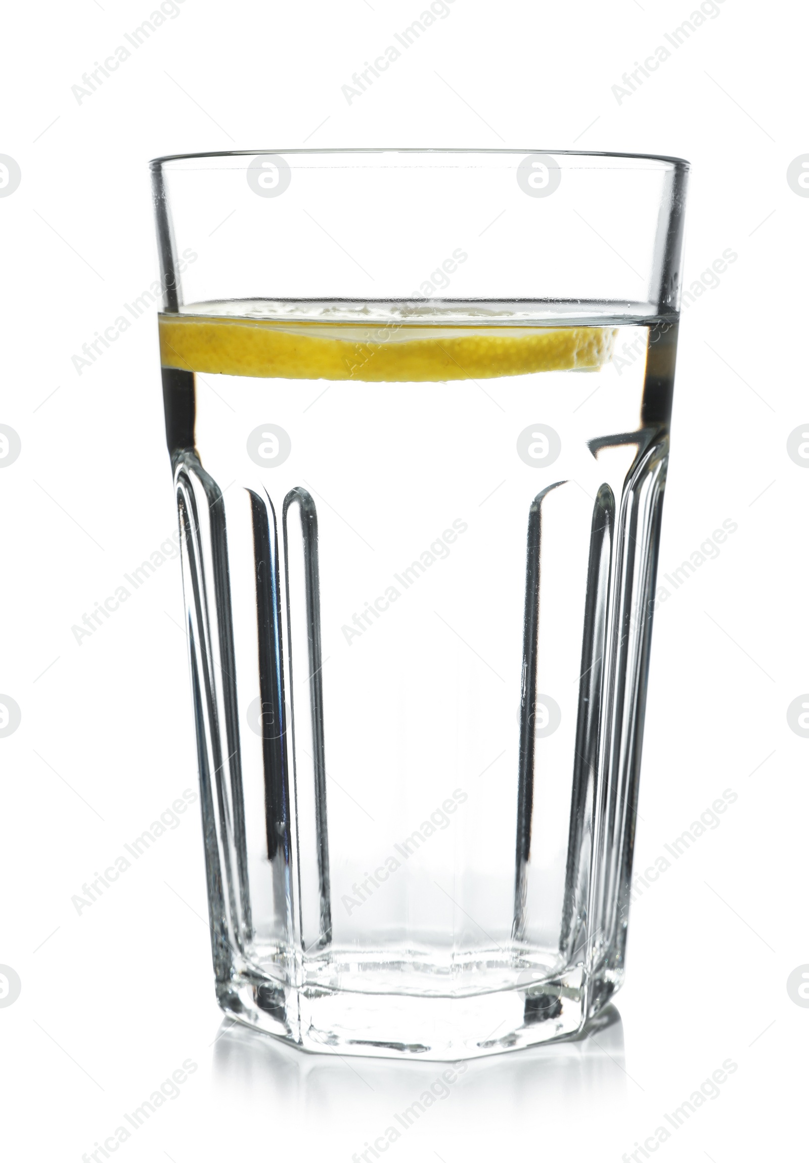 Photo of Glass of water with lemon on white background. Refreshing drink
