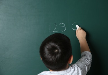 Photo of Child writing math sum on chalkboard. Space for text