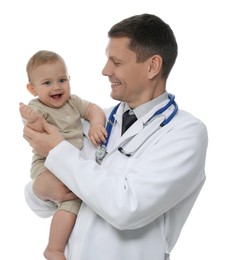 Photo of Pediatrician with cute little baby on white background