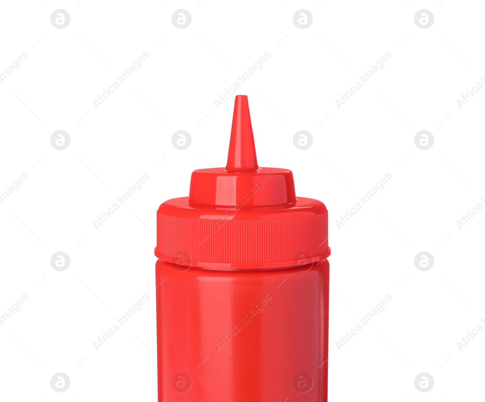 Photo of Bottle of tasty ketchup isolated on white