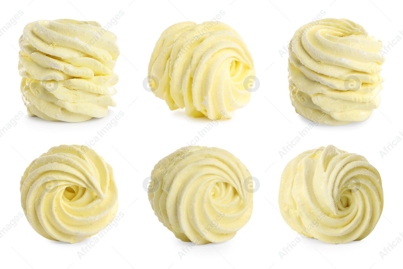 Image of Set with tasty zephyrs on white background