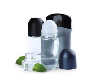 Photo of Different natural male deodorants with ice and mint on white background. Skin care