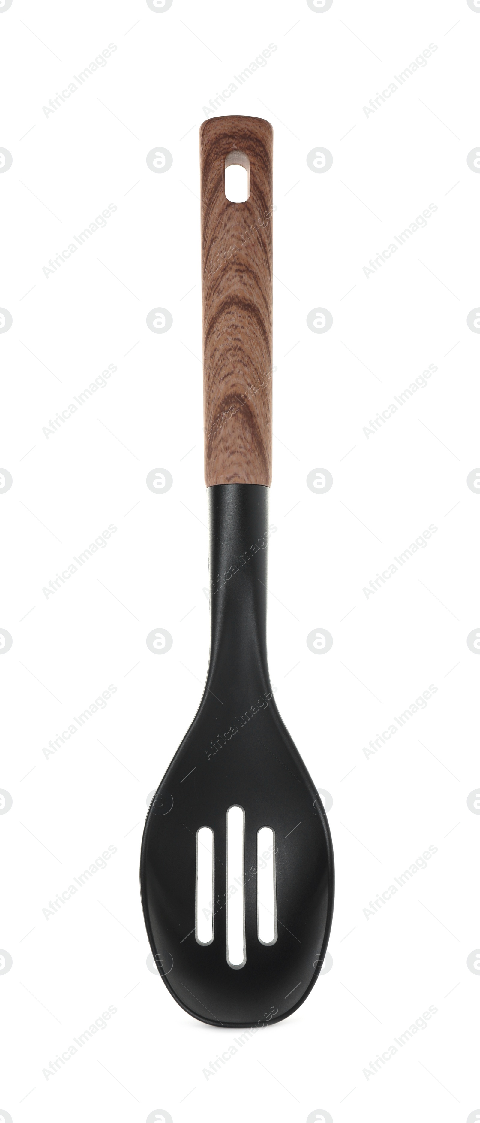 Photo of Slotted spoon with wooden handle isolated on white. Kitchen utensil