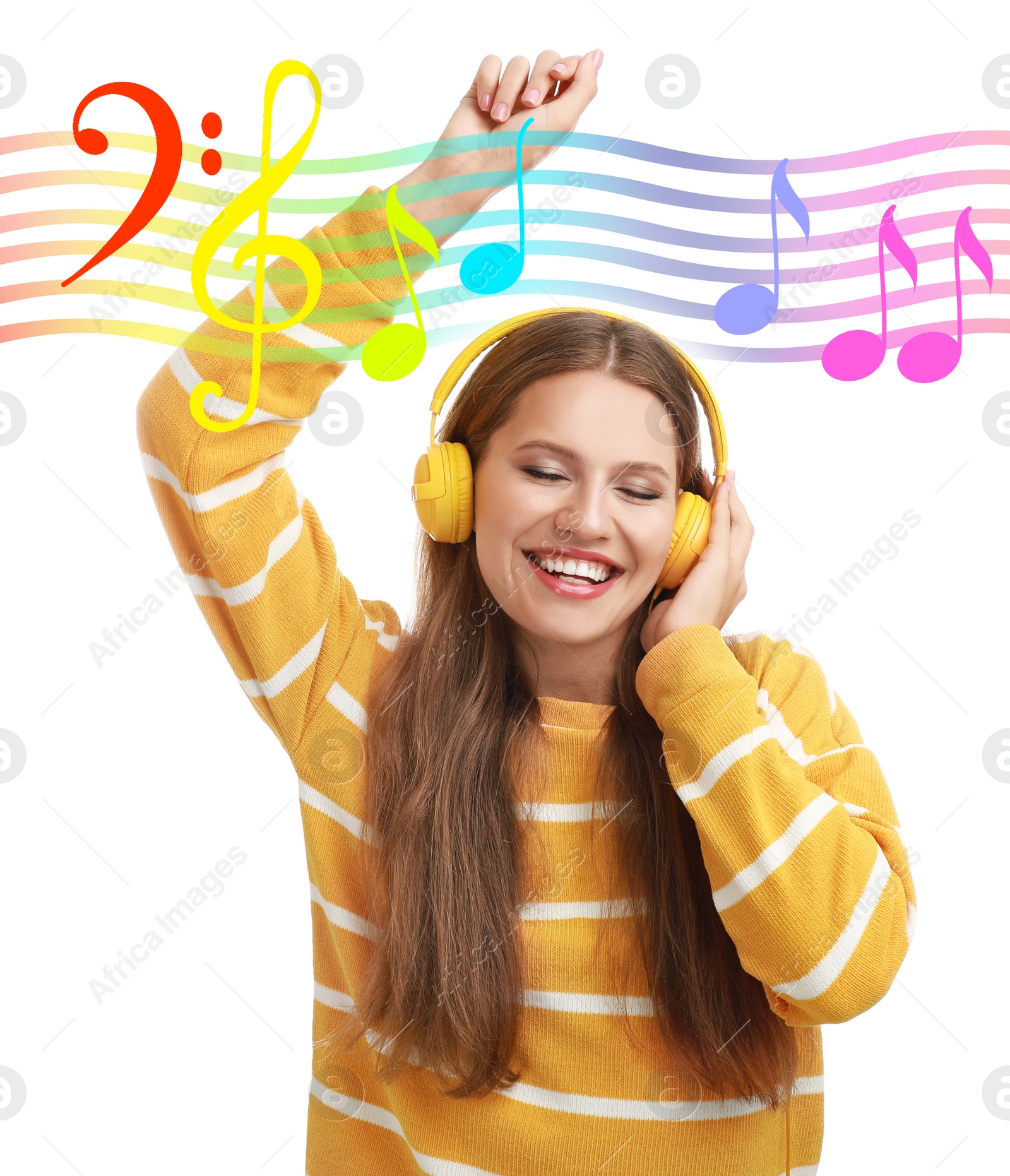 Image of Young woman listening to music with headphones on white background. Bright notes illustration