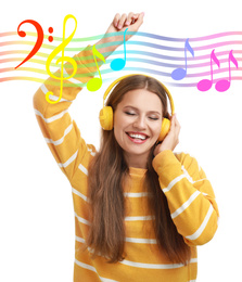 Young woman listening to music with headphones on white background. Bright notes illustration