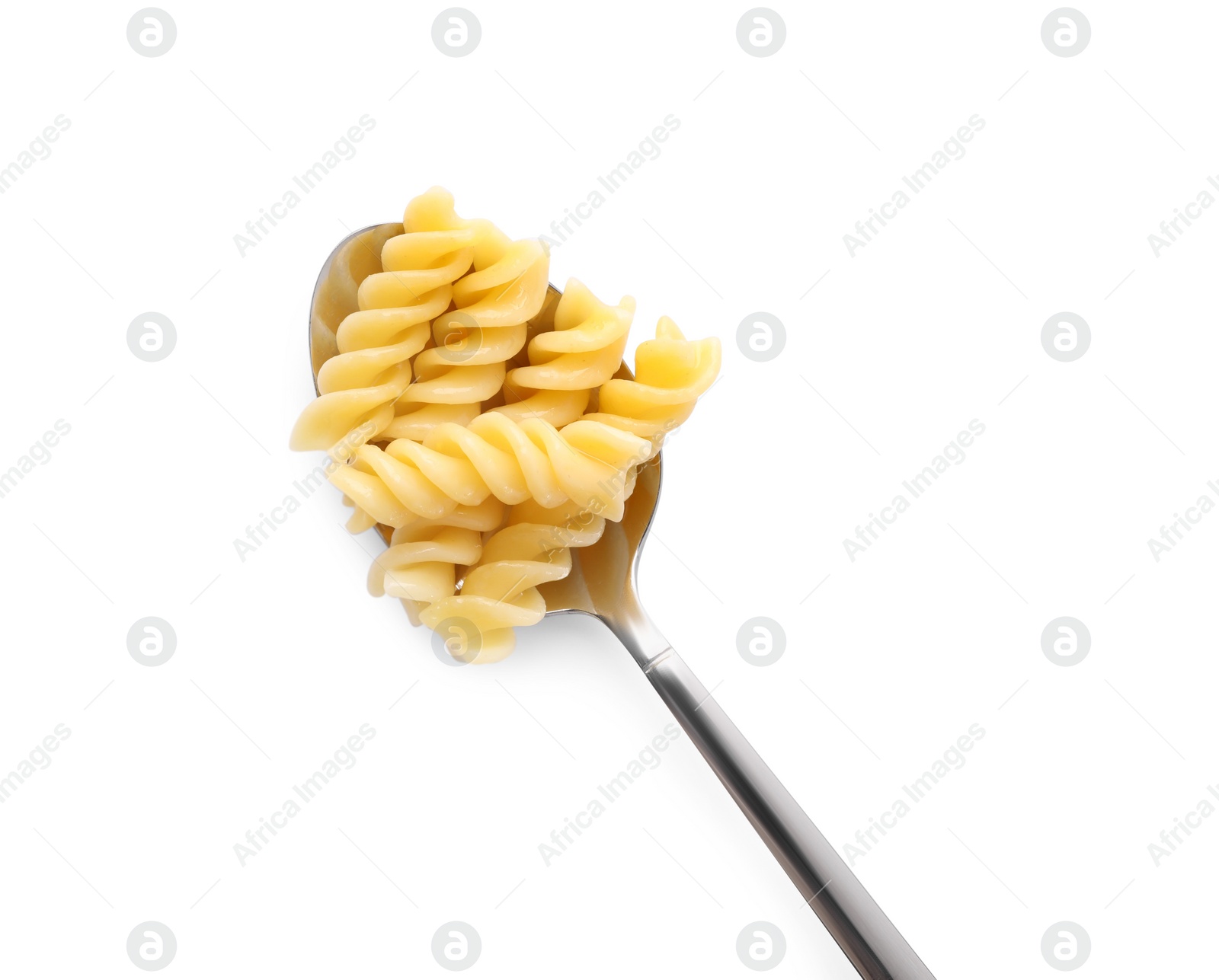 Photo of Spoon with tasty pasta isolated on white, top view