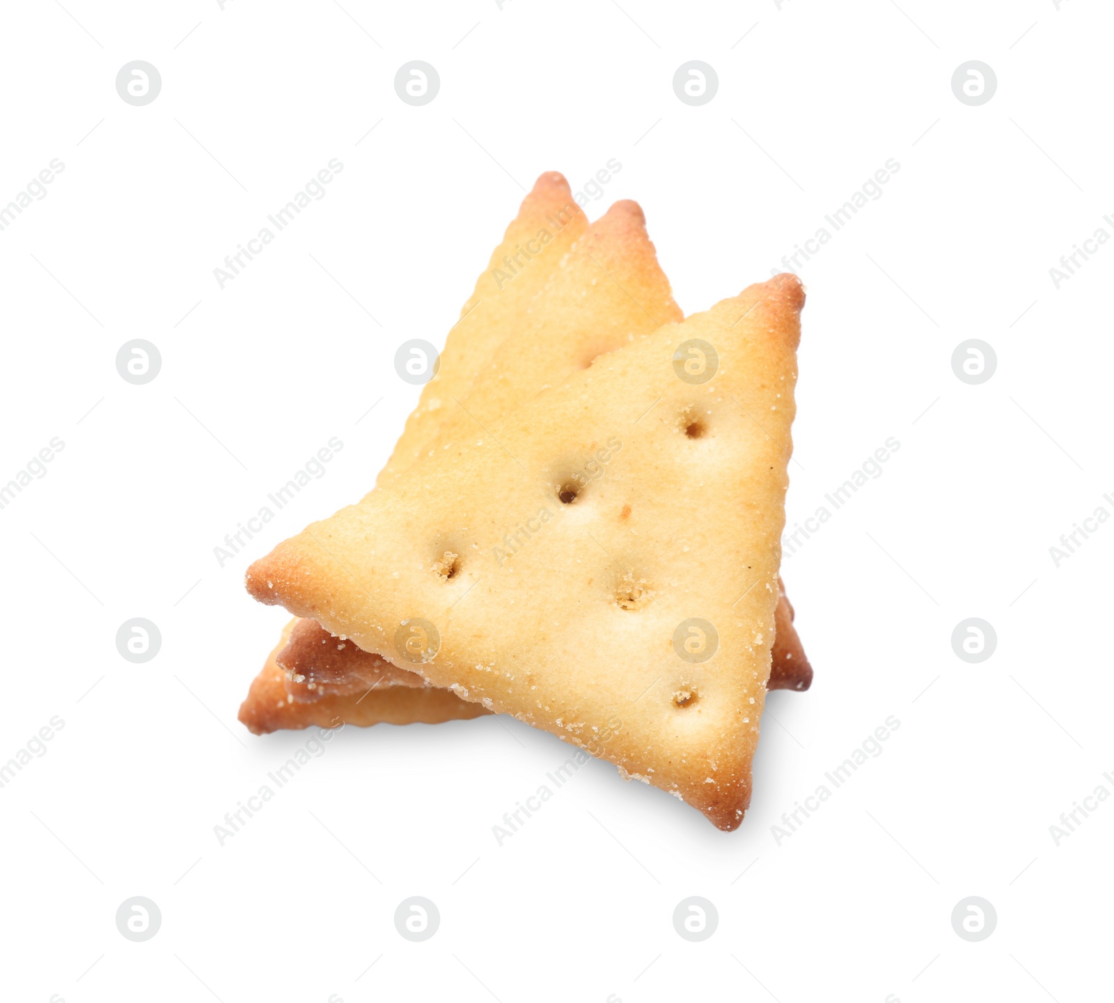 Photo of Delicious crispy crackers isolated on white, top view