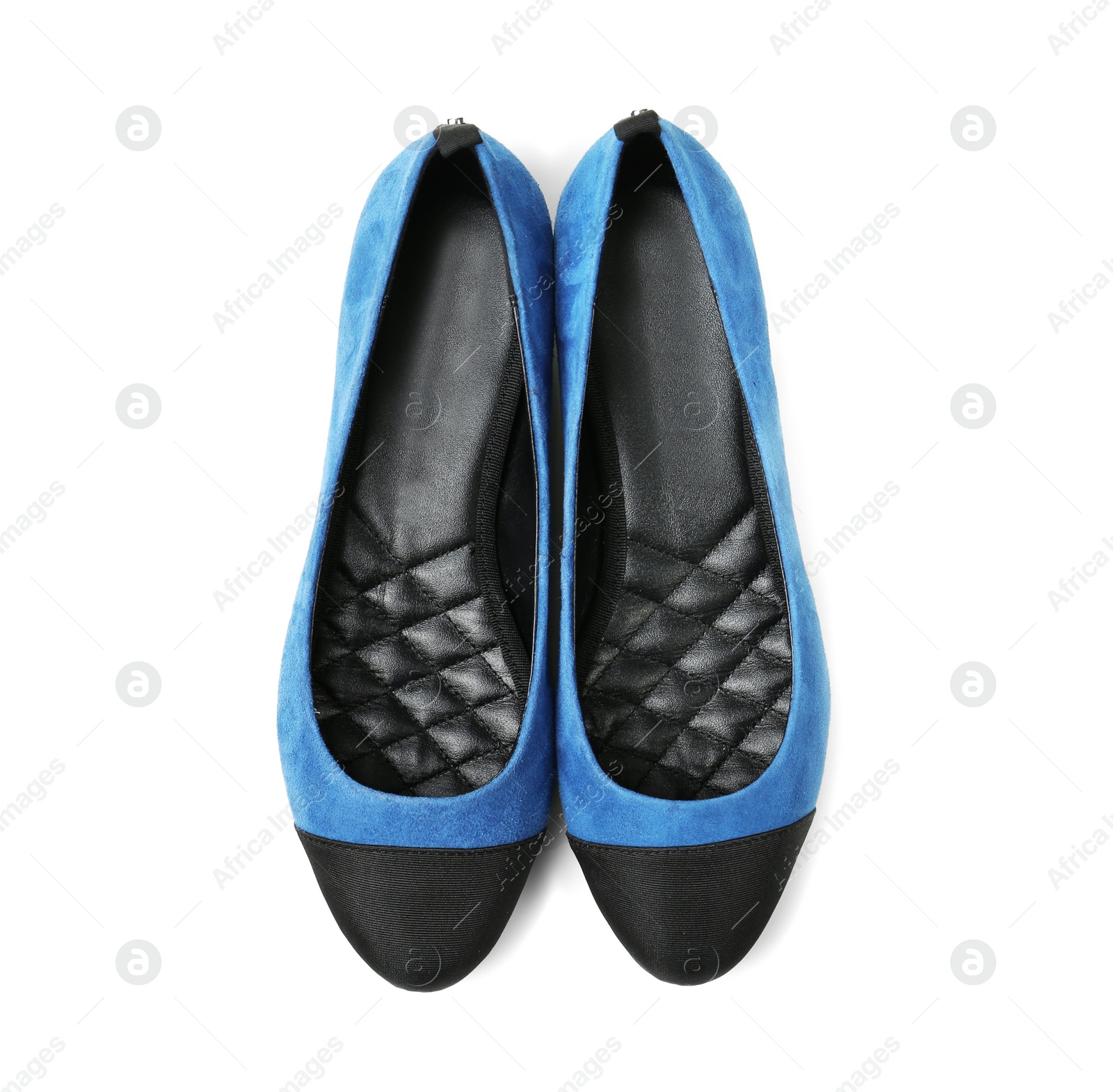 Photo of Pair of female shoes on white background, top view