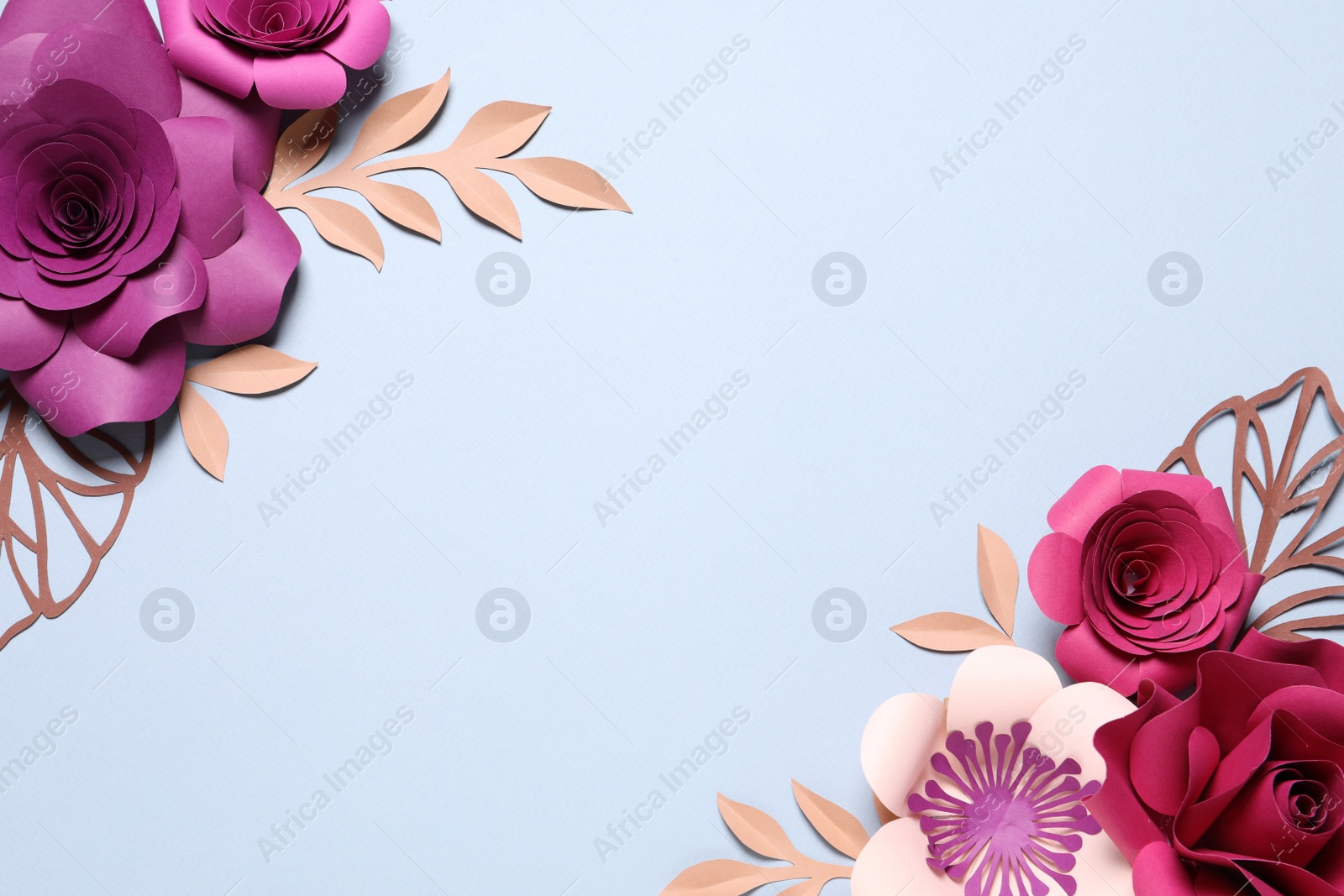 Photo of Different beautiful flowers and branches made of paper on light background, flat lay. Space for text