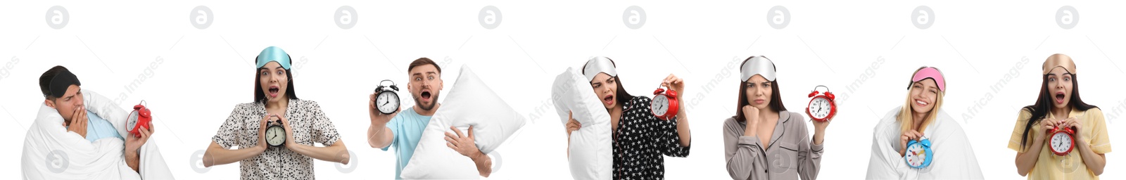 Image of Collage with photos of people with alarm clocks on white background. Banner design