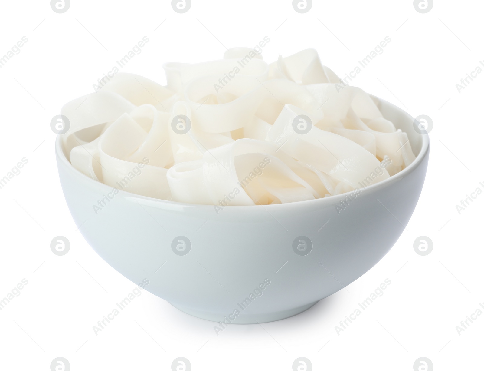 Photo of Bowl with rice noodles isolated on white