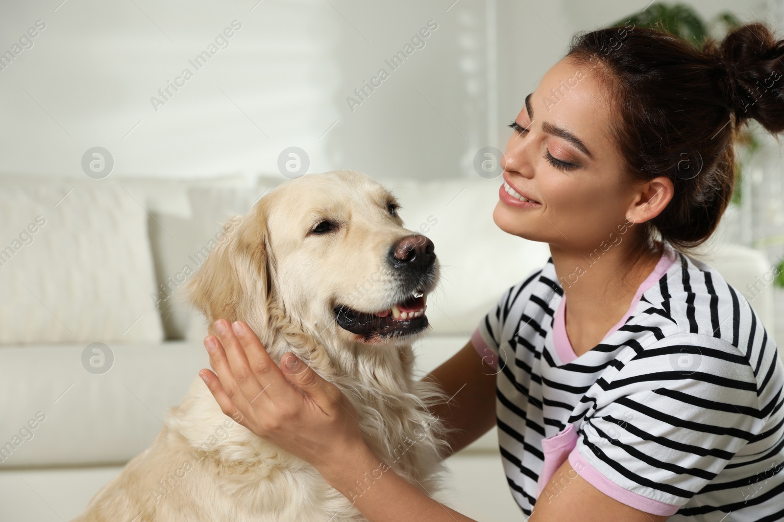 Photo of Young woman and her Golden Retriever at home. Adorable pet