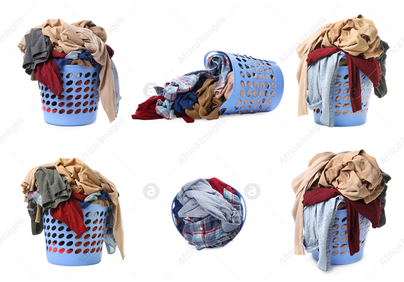 Image of Collage with plastic laundry basket full of clothes on white background, views from different sides