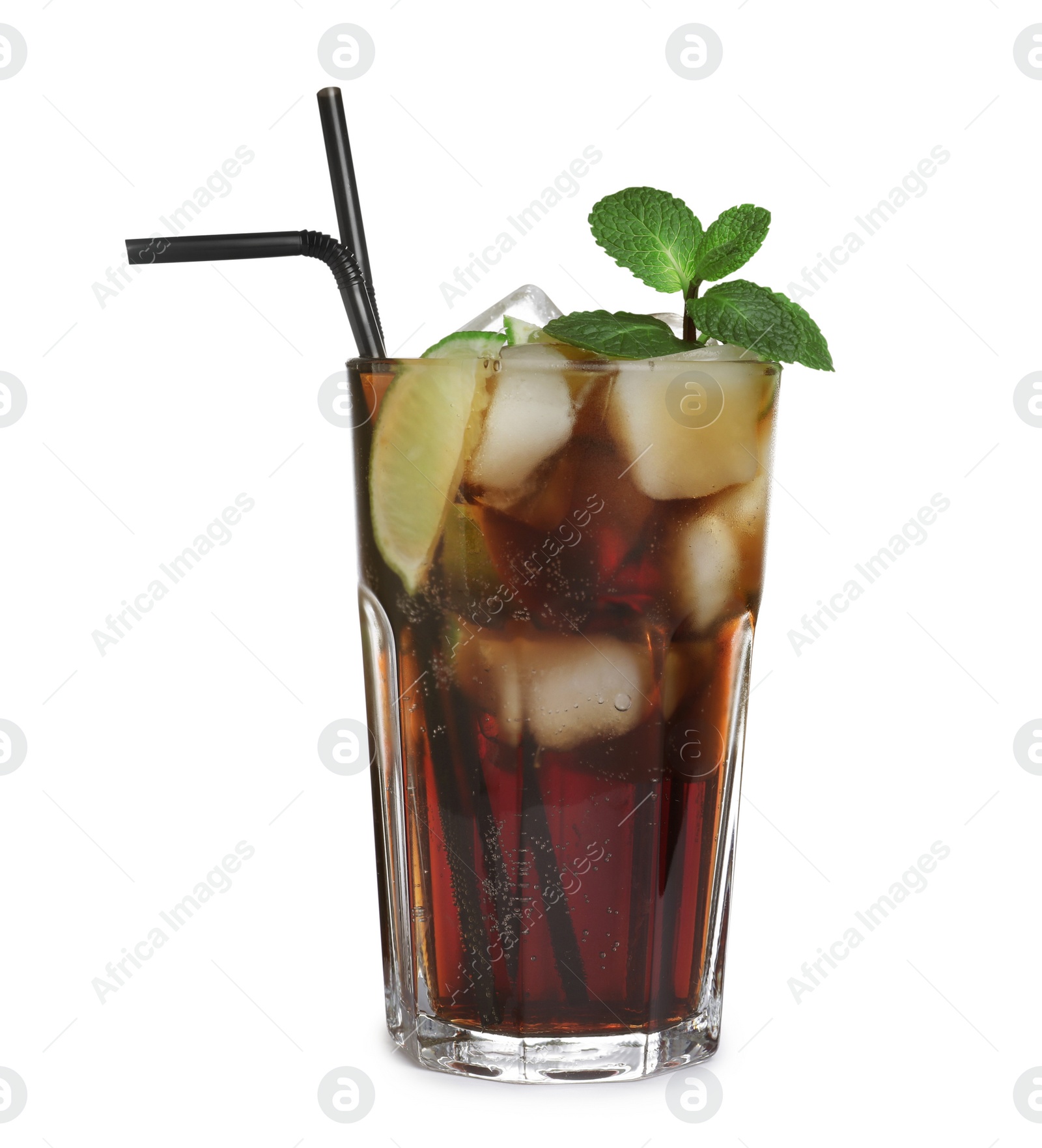 Photo of Fresh alcoholic Cuba Libre cocktail isolated on white