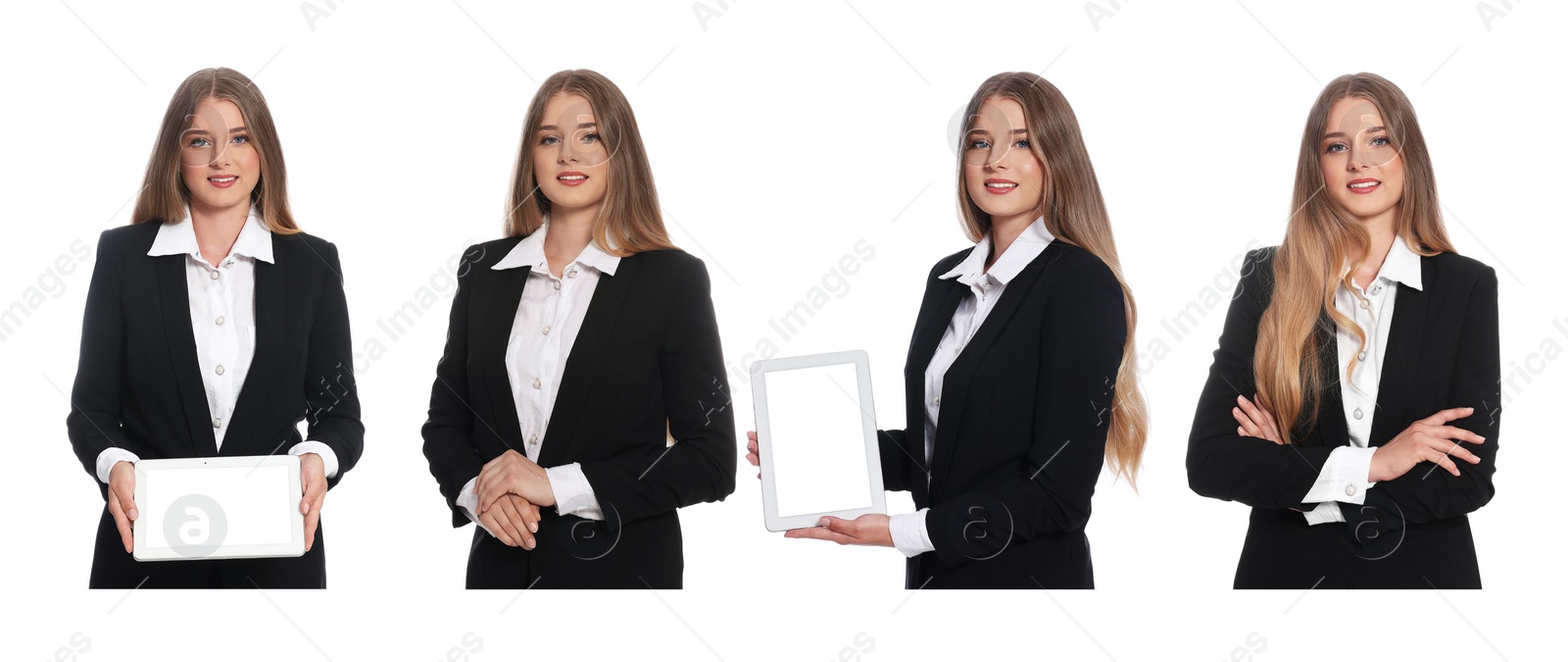 Image of Collage with photos of hostess in uniform on white background. Banner design