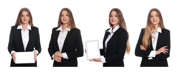 Collage with photos of hostess in uniform on white background. Banner design