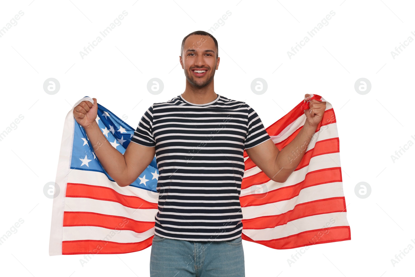 Photo of 4th of July - Independence Day of USA. Happy man with American flag on white background