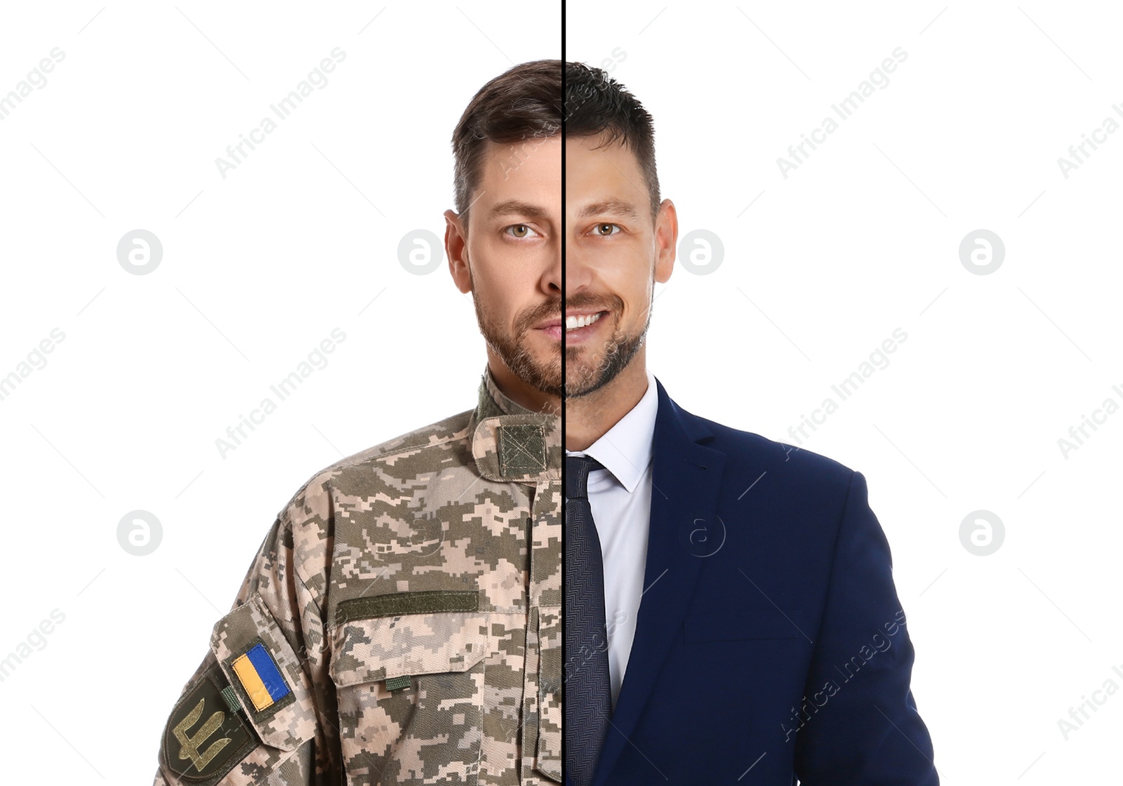 Image of Man as military and businessman isolated on white, collage dividing portrait