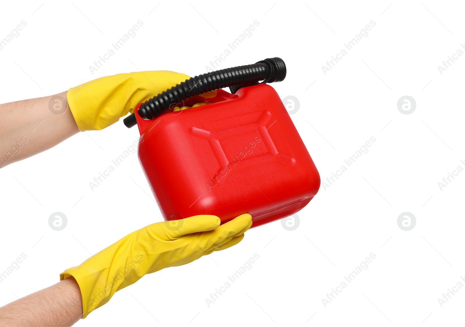 Photo of Man in rubber gloves holding red canister on white background, closeup