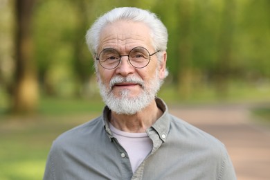 Portrait of happy grandpa with glasses in park