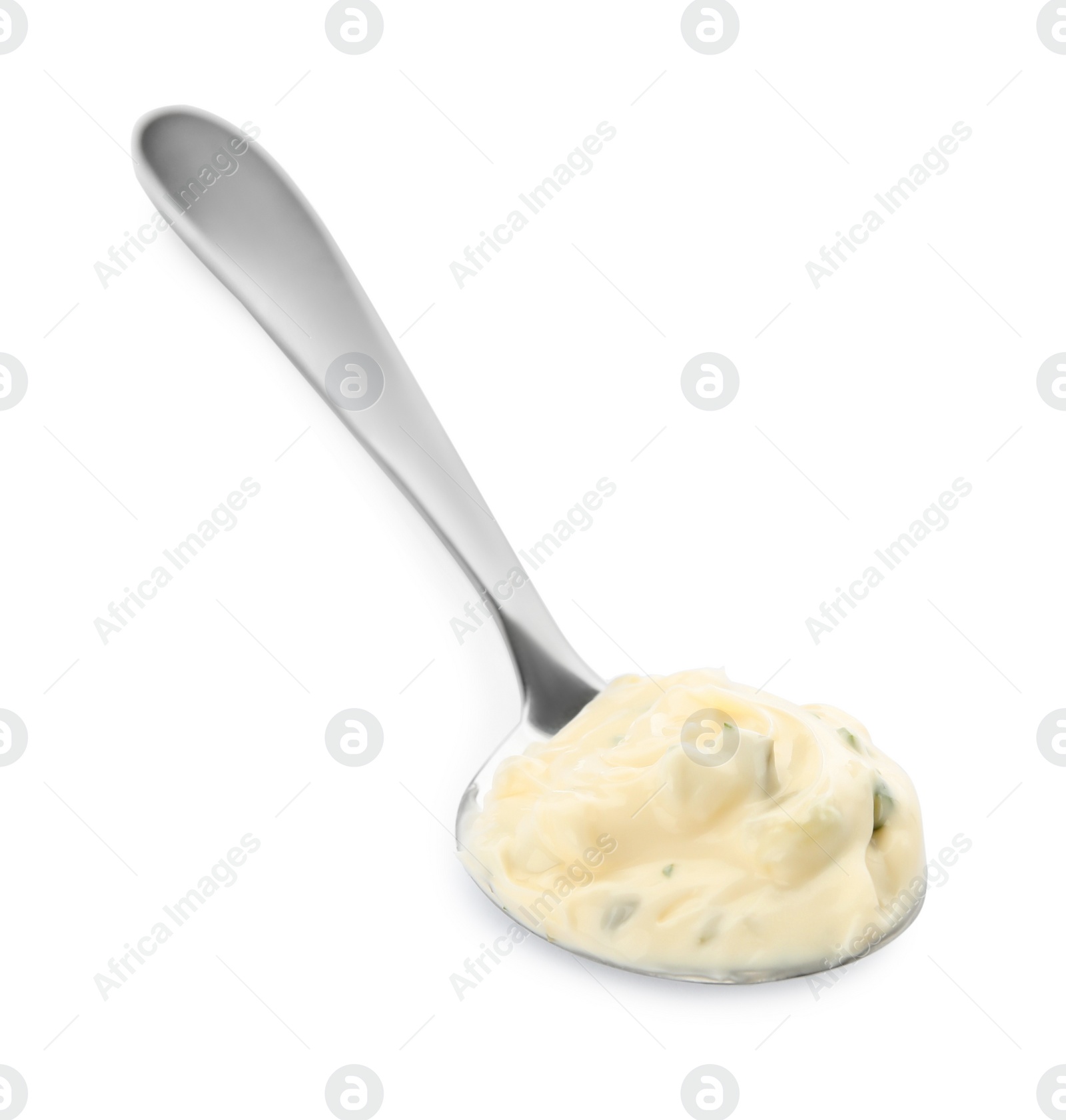 Photo of Tartar sauce in spoon isolated on white