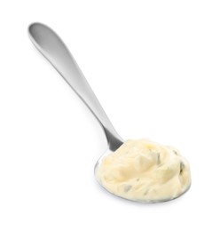 Photo of Tartar sauce in spoon isolated on white