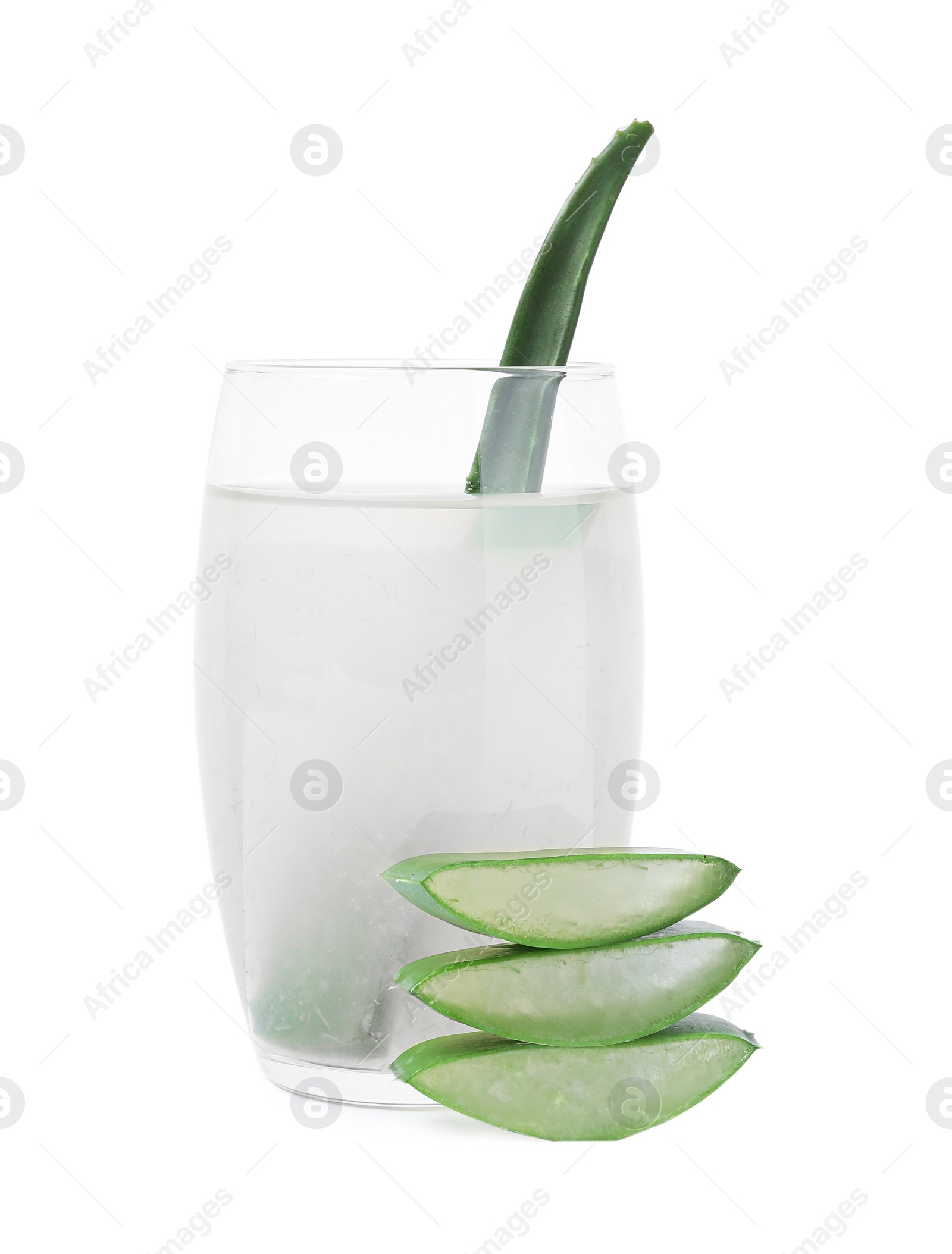 Photo of Tasty aloe juice in glass and cut fresh leaves isolated on white