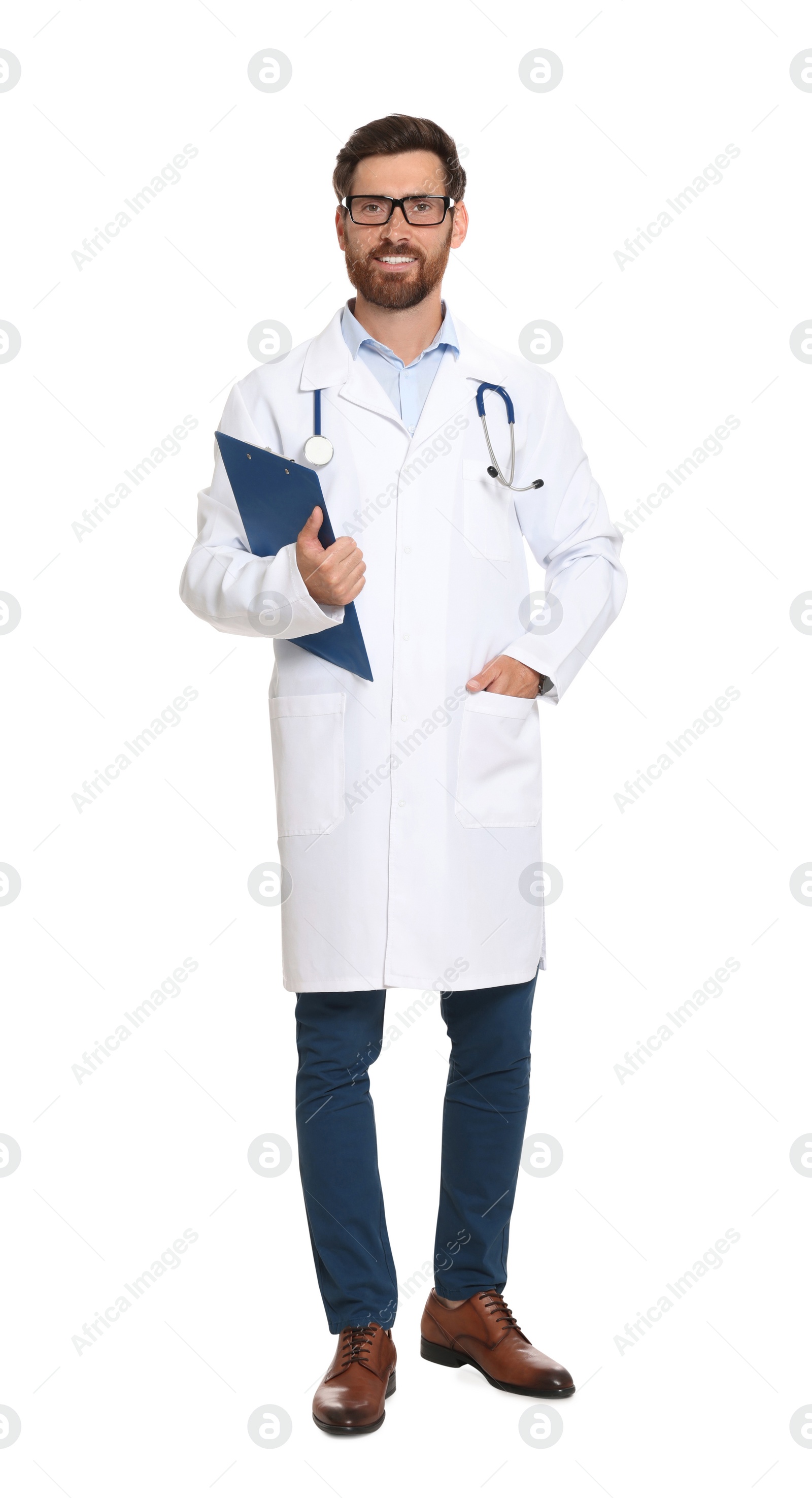 Photo of Full length portrait of doctor with clipboard on white background