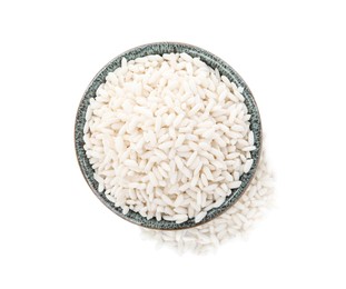 Bowl with raw rice isolated on white, top view