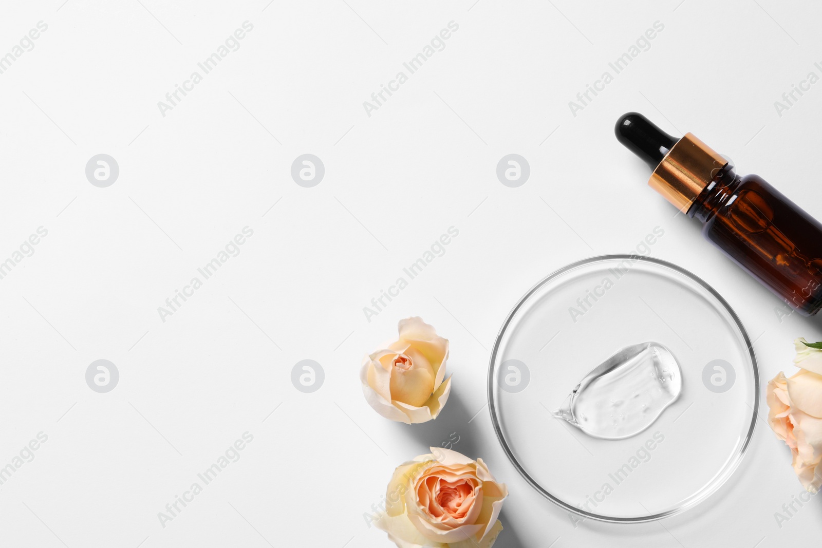 Photo of Petri dish with sample of cosmetic serum, bottle and rose flowers on white background, flat lay. Space for text