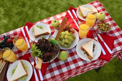 Photo of Picnic table with different snacks and drink in park