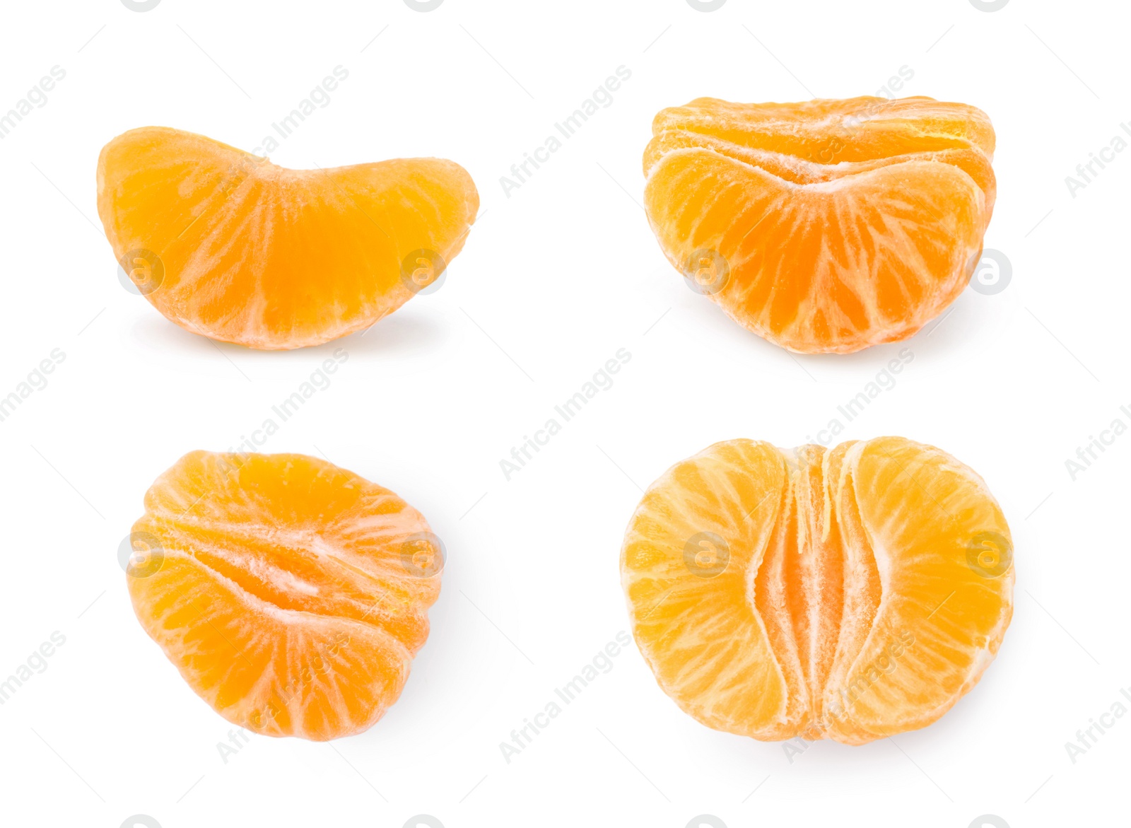 Image of Set with pieces of fresh ripe tangerines on white background