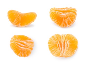 Image of Set with pieces of fresh ripe tangerines on white background