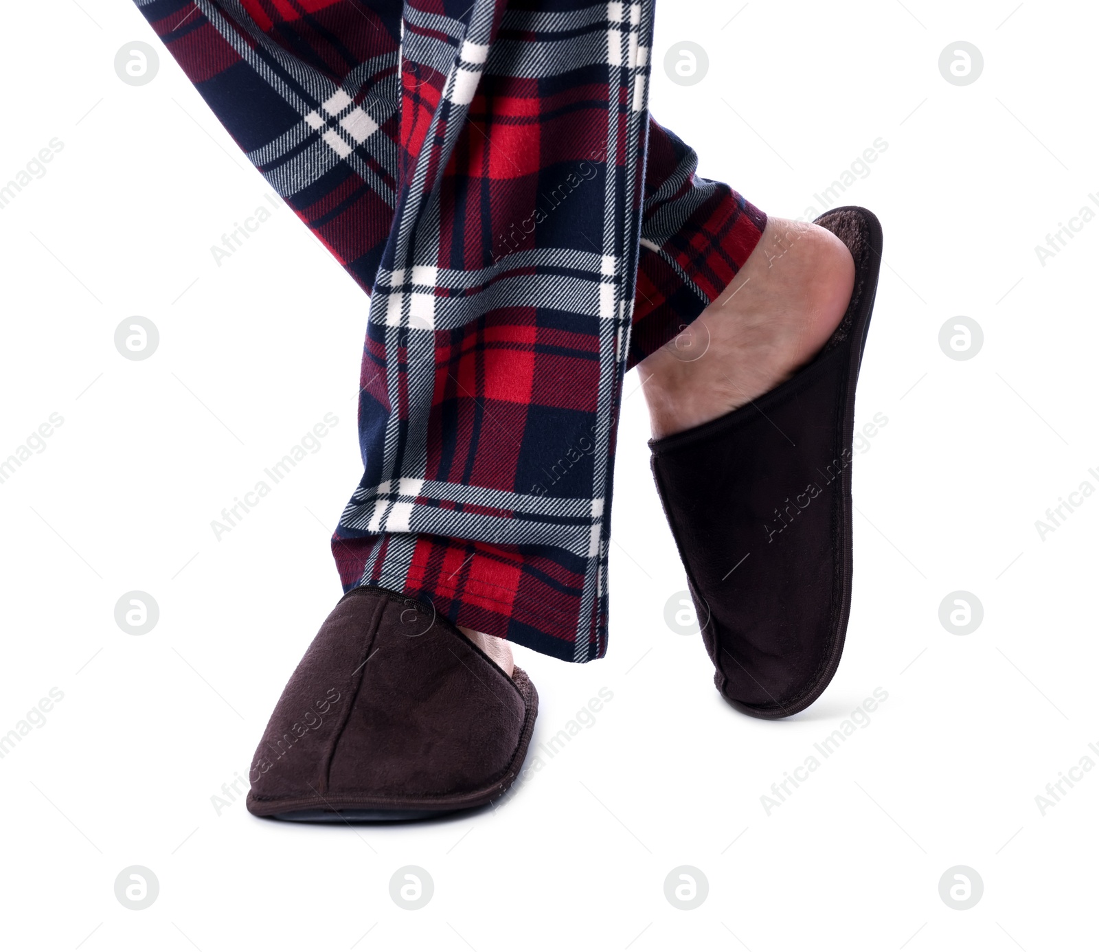 Photo of Man in soft slippers on white background, closeup