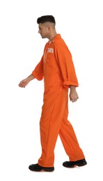 Photo of Prisoner in orange jumpsuit on white background