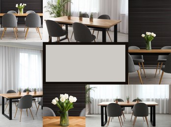 Image of Ideas of stylish dining room interior design, collage of photos. Space for text