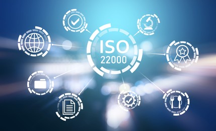 Illustration of International Organization for Standardization (ISO 22000). Different virtual icons on blurred background