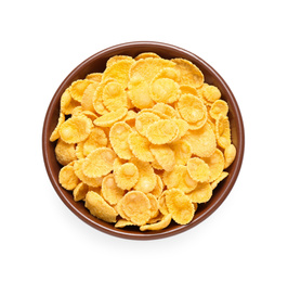 Bowl of tasty corn flakes on white background, top view