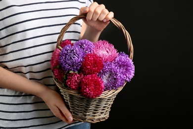 Photo of Woman with bouquet of beautiful asters on black background, closeup. Autumn flowers