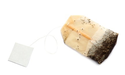 Photo of Used tea bag on white background, top view. Mockup for design