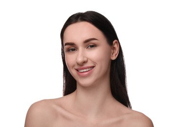 Portrait of attractive young woman on white background