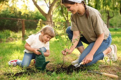 Photo of Mother and her daughter planting tree together in garden