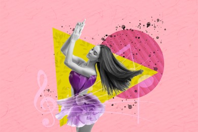 Image of Woman in flowers instead of dress dancing on bright background, creative collage. Stylish art design