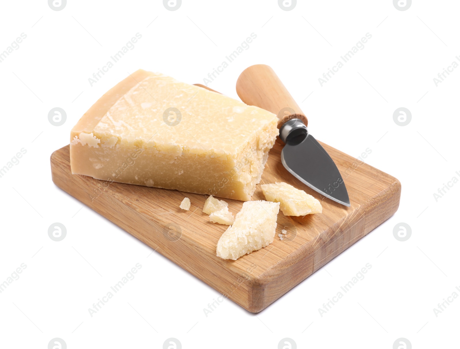 Photo of Parmesan cheese with knife and wooden board on white background