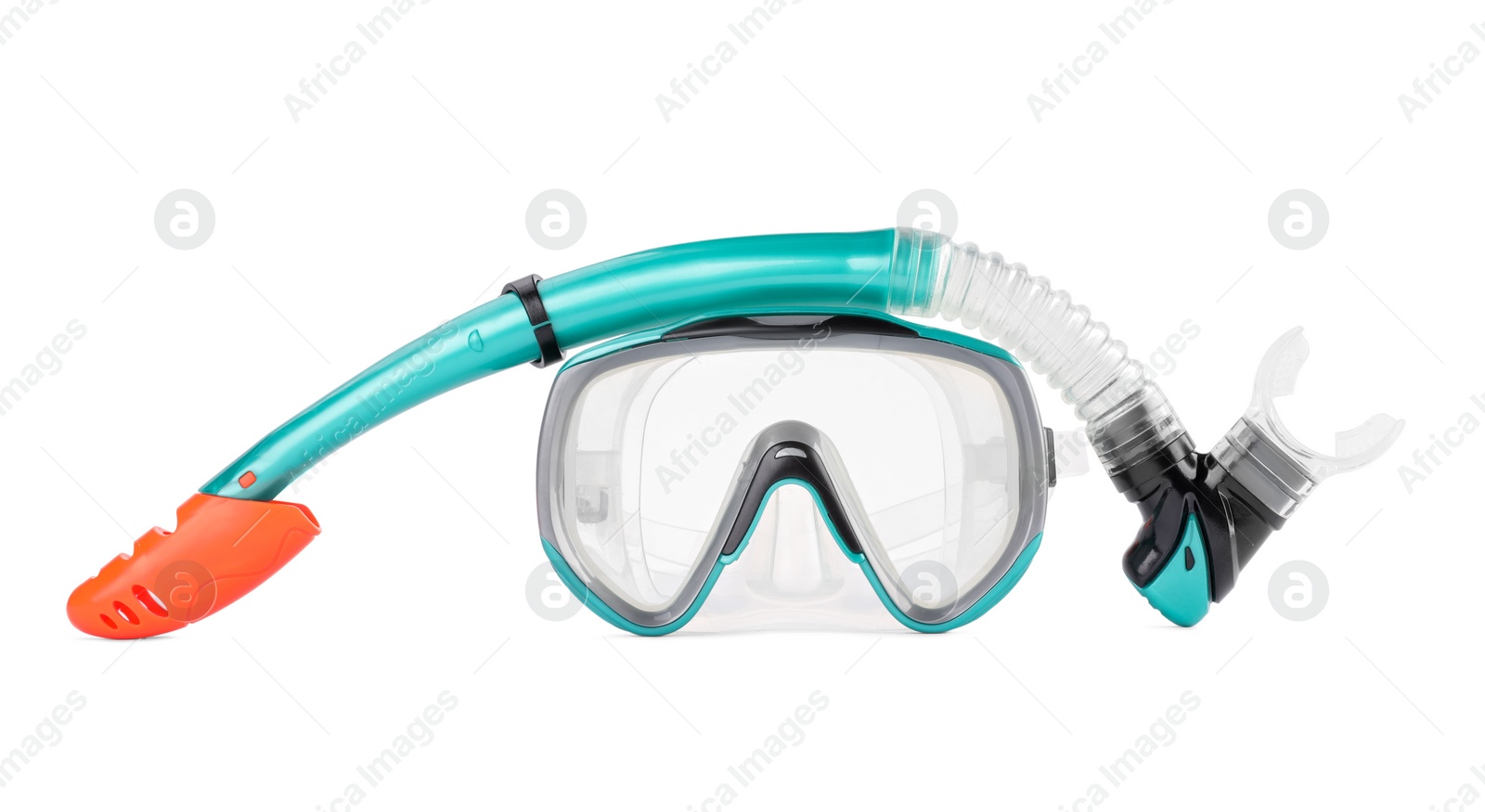 Photo of Turquoise diving mask and snorkel isolated on white. Sports equipment