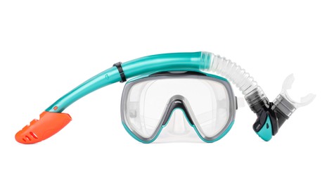 Photo of Turquoise diving mask and snorkel isolated on white. Sports equipment