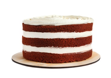 Photo of Delicious homemade red velvet cake on white background